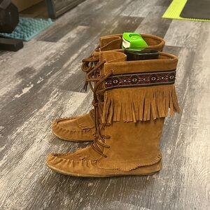 Brown Suede Fringe Moccasin Boots